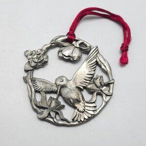 Seagull Pewter Canada Hummingbird Ornament With Floral Design & Red Ribbon